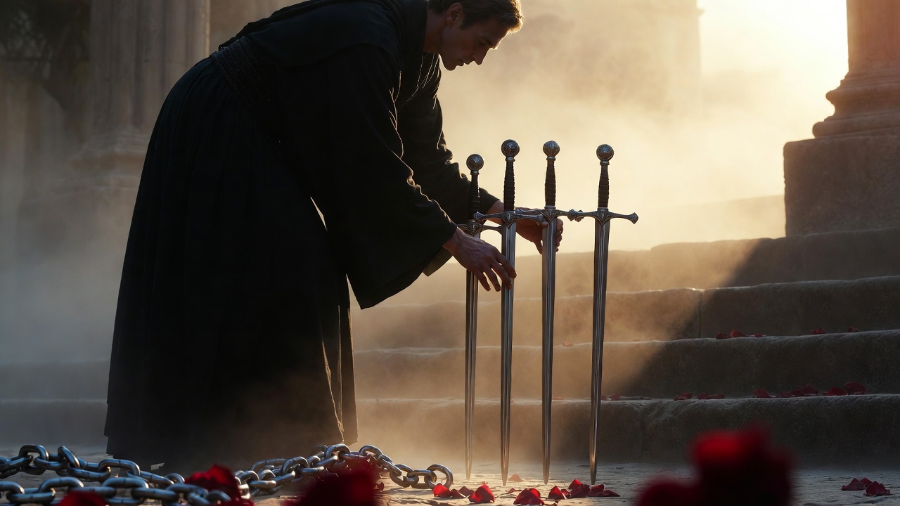 Figure returning swords in morning light, representing confession, honesty, and release in reversed Seven of Swords love tarot interpretation