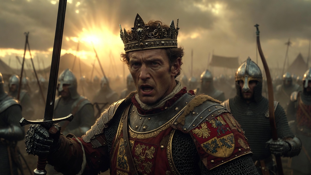 King Henry V rallying troops on the battlefield in Shakespeare's history play dramatic epic scene