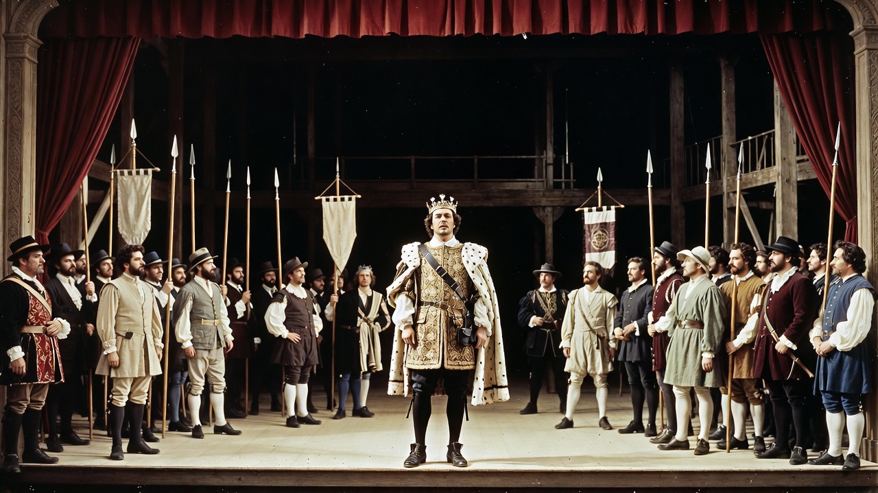 Historical 19th-century American stage production of Shakespeare's Henry V with king addressing cast on theater stage