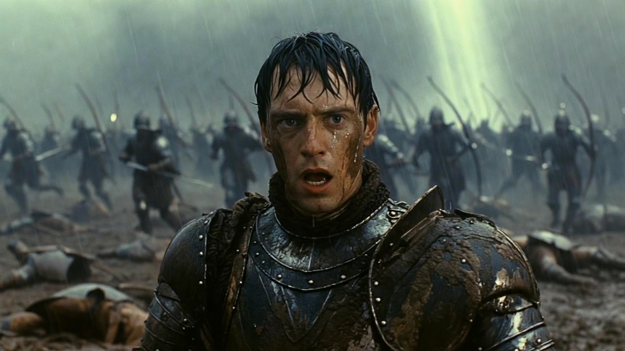 Kenneth Branagh style gritty battlefield scene from Henry V film adaptation muddy Agincourt battle dramatic moment