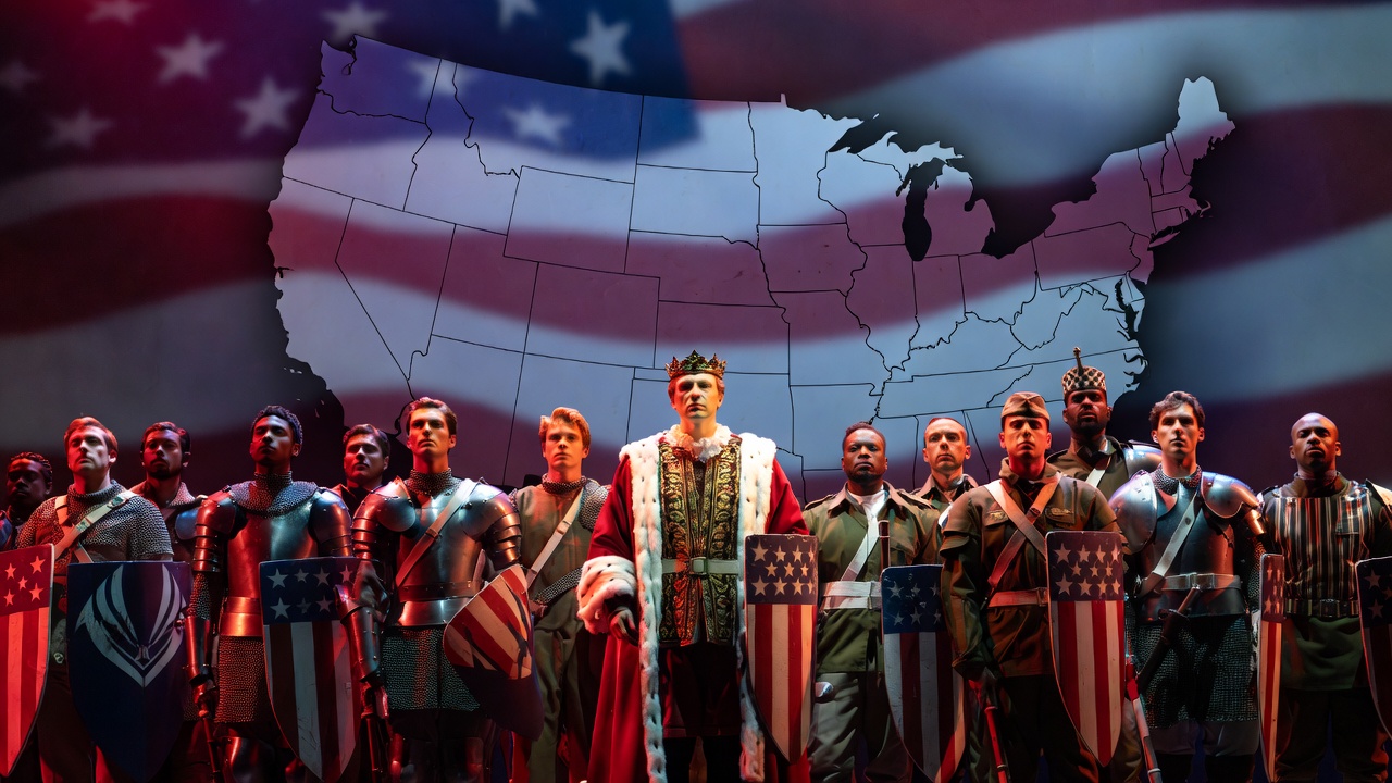 Shakespeare's Henry V reimagined in American cultural context diverse cast on stage with patriotic leadership symbolism