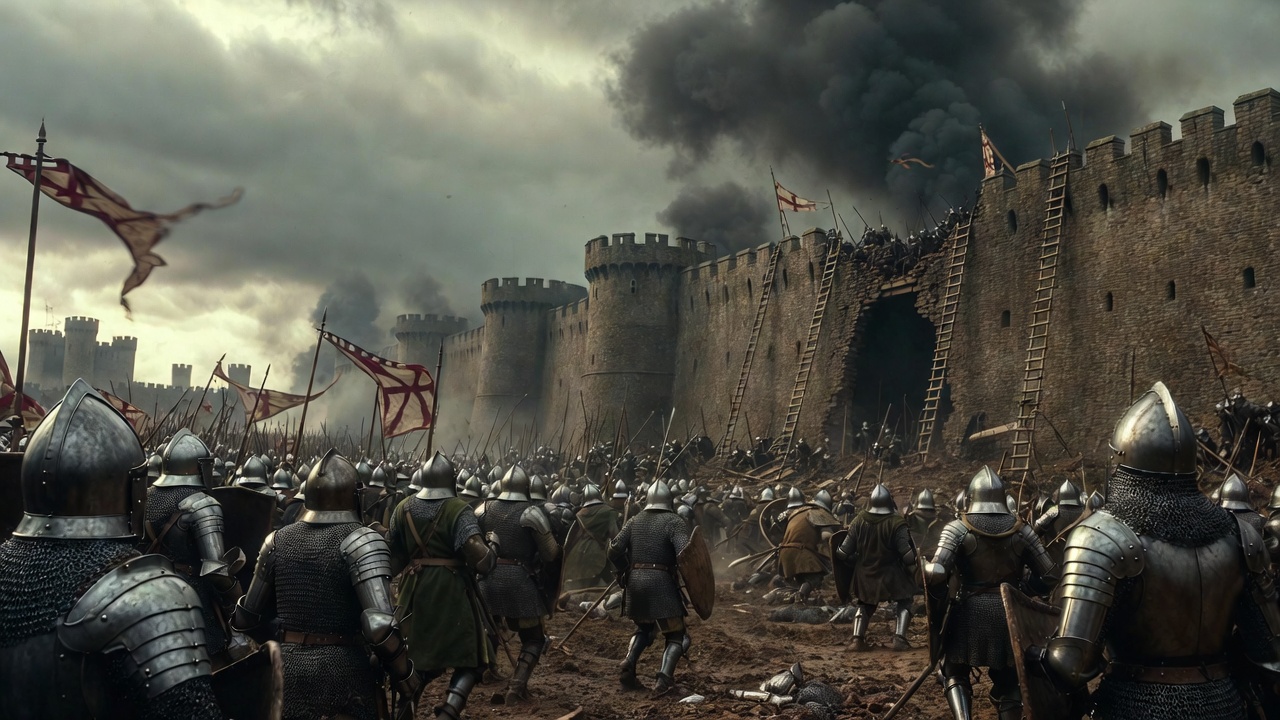 Medieval English army besieging Harfleur walls in 1415, historical context of King Henry V speech