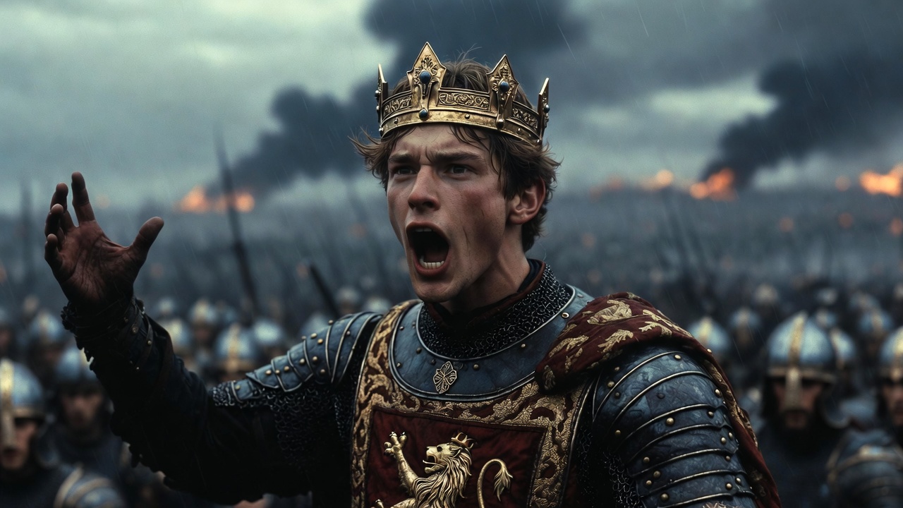 King Henry V passionately delivering Once More Unto the Breach speech to English troops