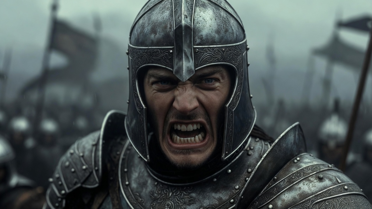 Fierce King Henry V embodying tiger rage and terrible aspect in Once More Unto the Breach speech