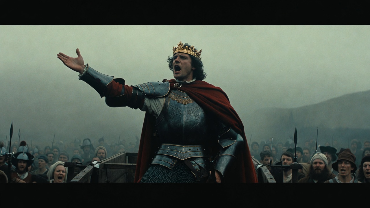 Iconic performance of King Henry V Once More Unto the Breach speech in historical reenactment
