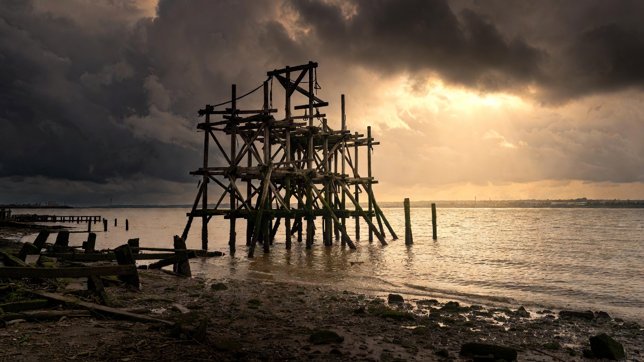 Historic Execution Dock scaffold at low tide in Wapping Tower Hamlets, site of pirate executions in Shakespeare's London era