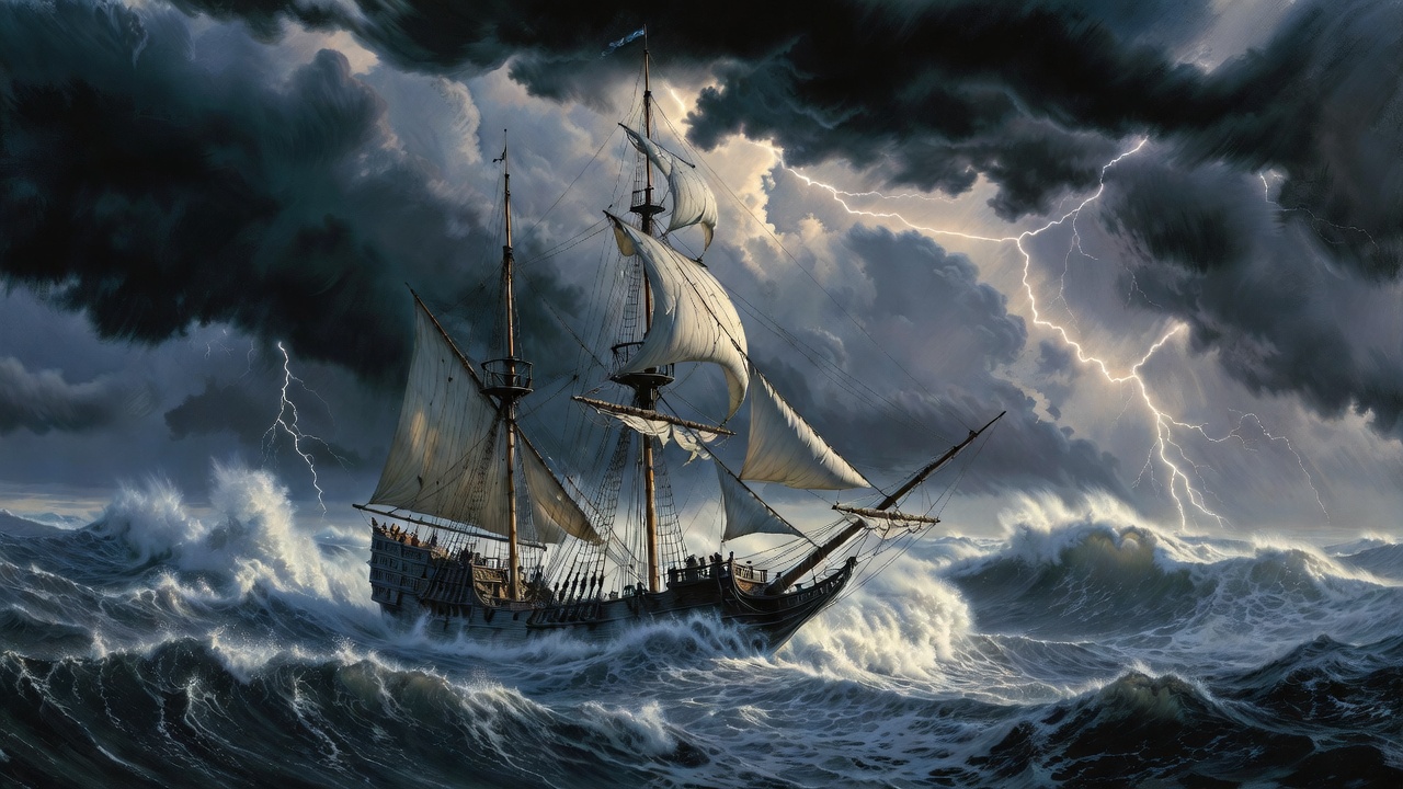 Stormy sea shipwreck scene evoking maritime perils in Shakespeare's The Tempest, connecting to pirate dangers in Elizabethan London and Wapping Tower Hamlets