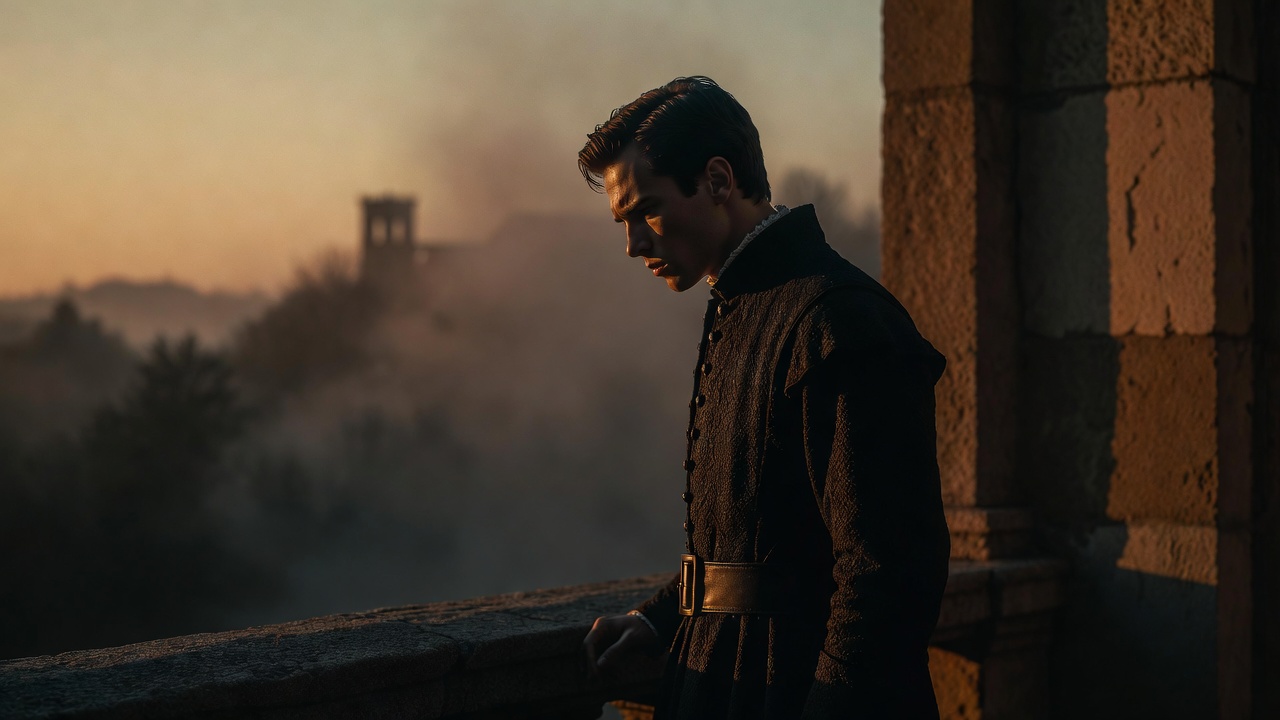 Hamlet contemplating the "To be or not to be" soliloquy in a dramatic, moody theater setting