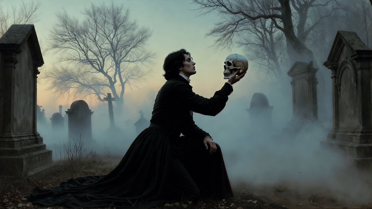 Hamlet in the graveyard scene contemplating Yorick's skull, symbolizing mortality in Shakespeare's tragedy