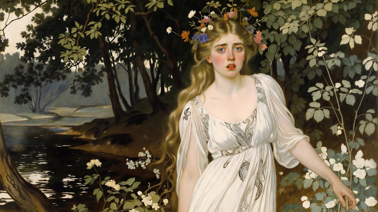 Ophelia in her tragic madness scene surrounded by flowers in Shakespeare's Hamlet