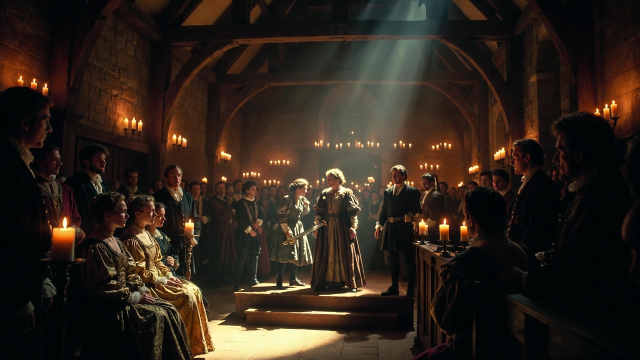 The Mousetrap play-within-a-play in Hamlet, capturing Claudius's reaction in a tense court performance