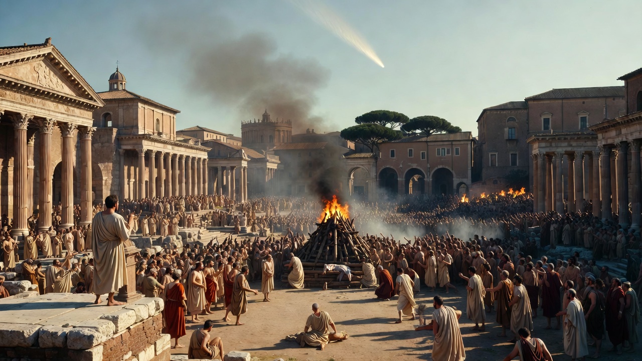Mark Antony's oration at Julius Caesar's funeral pyre in the Roman Forum, historical scene leading to the Temple of Divine Julius