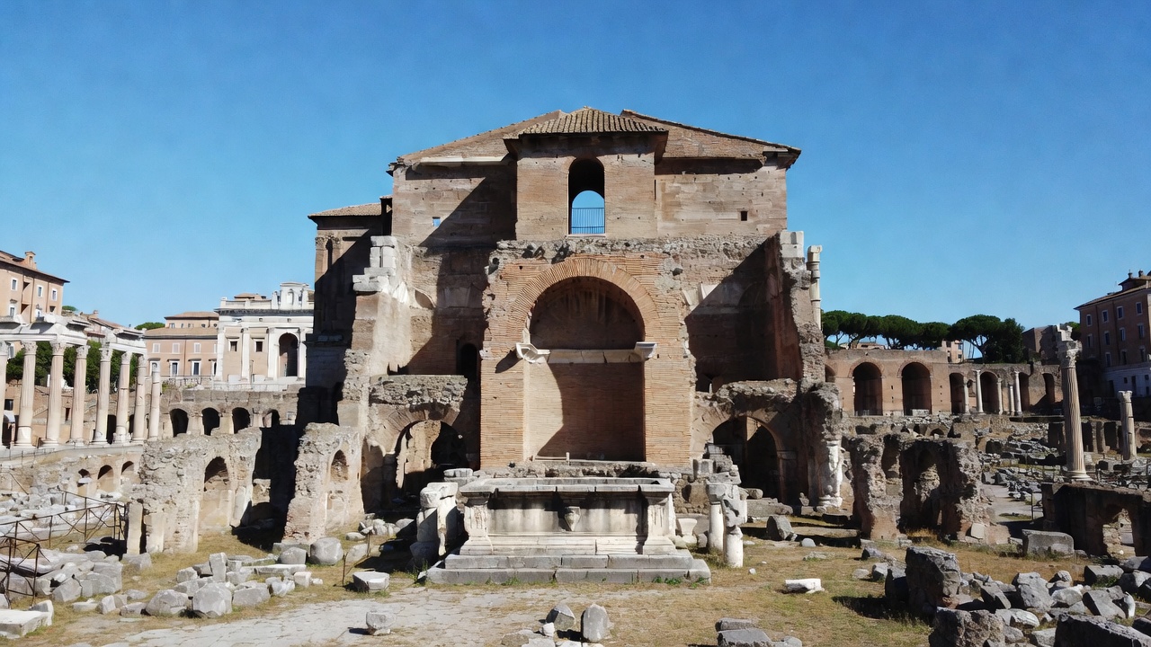 Surviving ruins and altar of the Temple of Divine Julius in the Roman Forum today, historical site of Caesar's deification