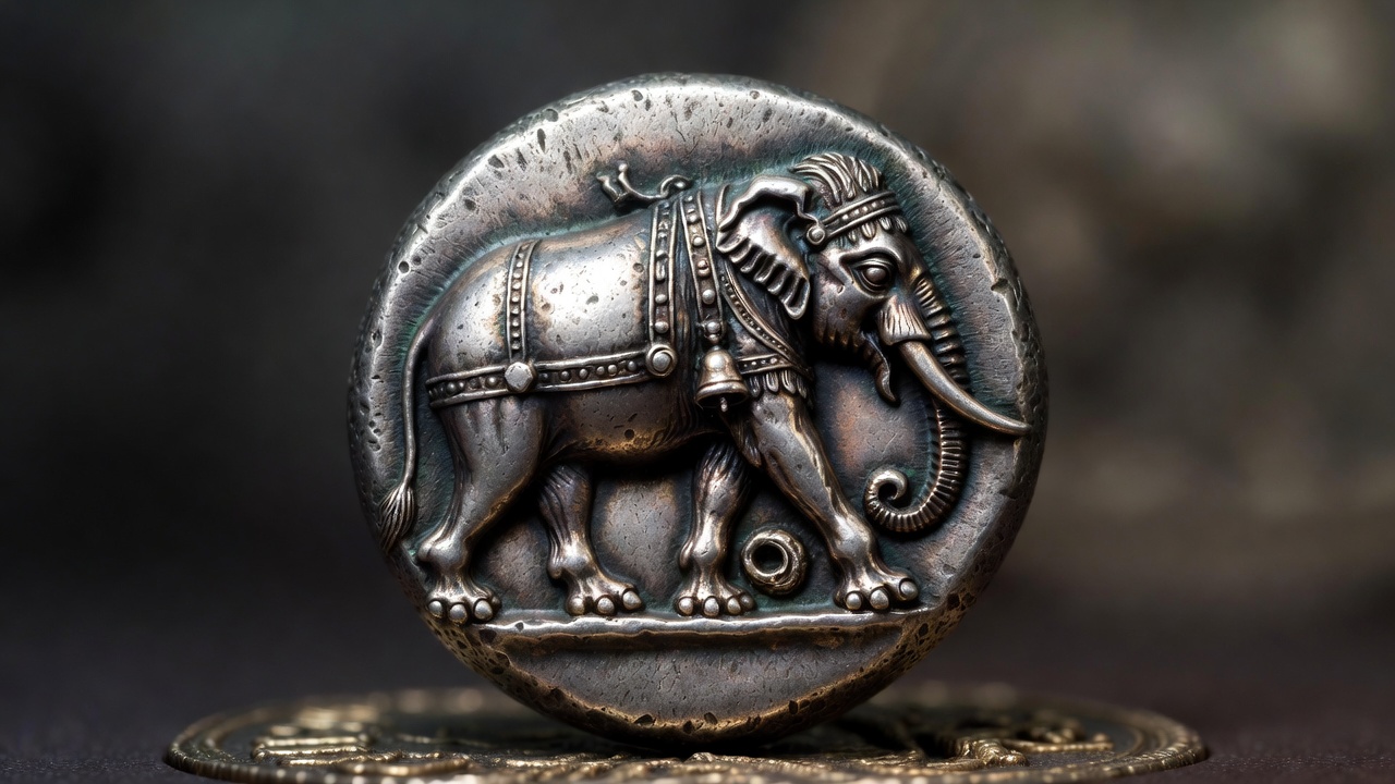 Close-up of Julius Caesar's iconic elephant denarius silver coin showing elephant trampling serpent