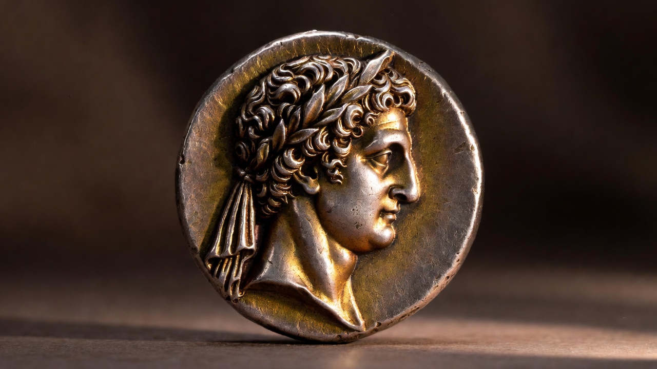 Julius Caesar lifetime portrait on ancient Roman denarius coin, laureate head close-up