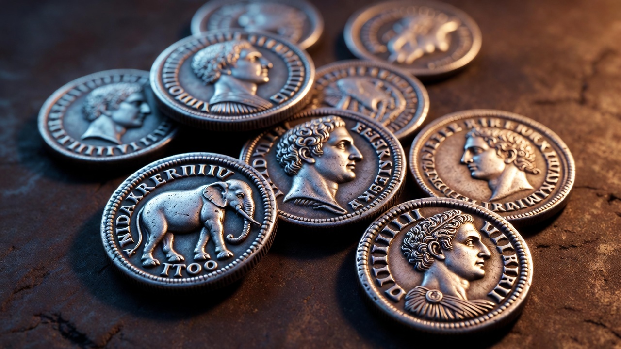 Collection of Julius Caesar ancient Roman coins including elephant and lifetime portrait denarii