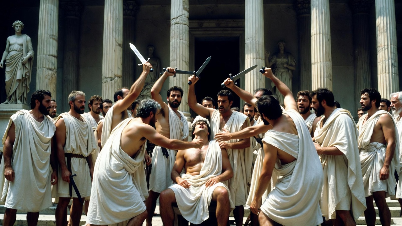 Dramatic scene of Julius Caesar's assassination on the Ides of March in ancient Rome