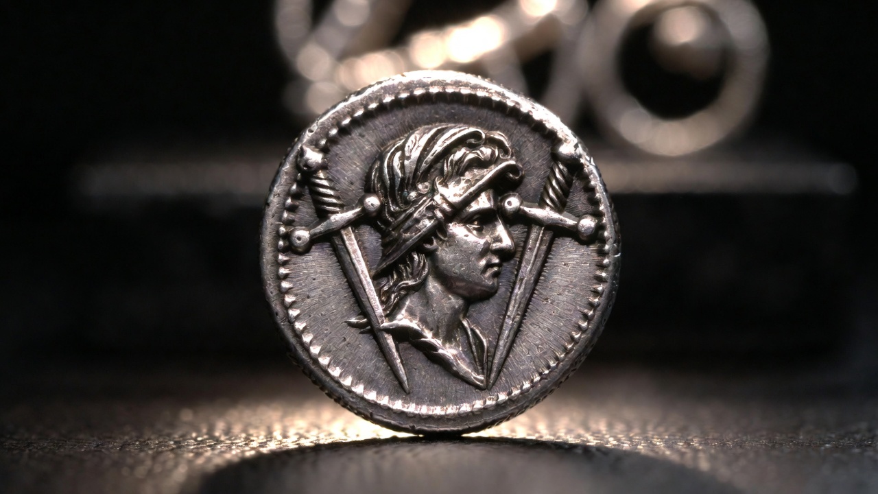 Brutus Eid Mar denarius coin with daggers and liberty cap commemorating Caesar's assassination