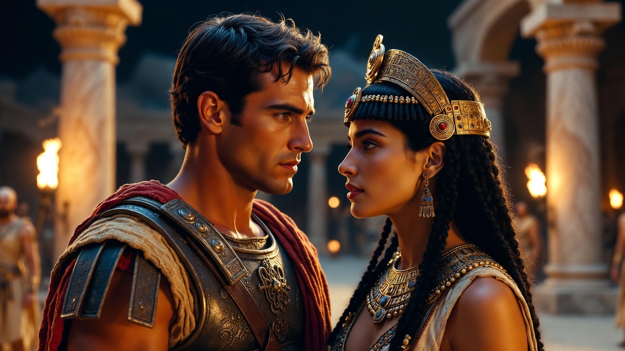 Mark Antony and Cleopatra in passionate embrace – dramatic scene from Shakespeare's tragedy