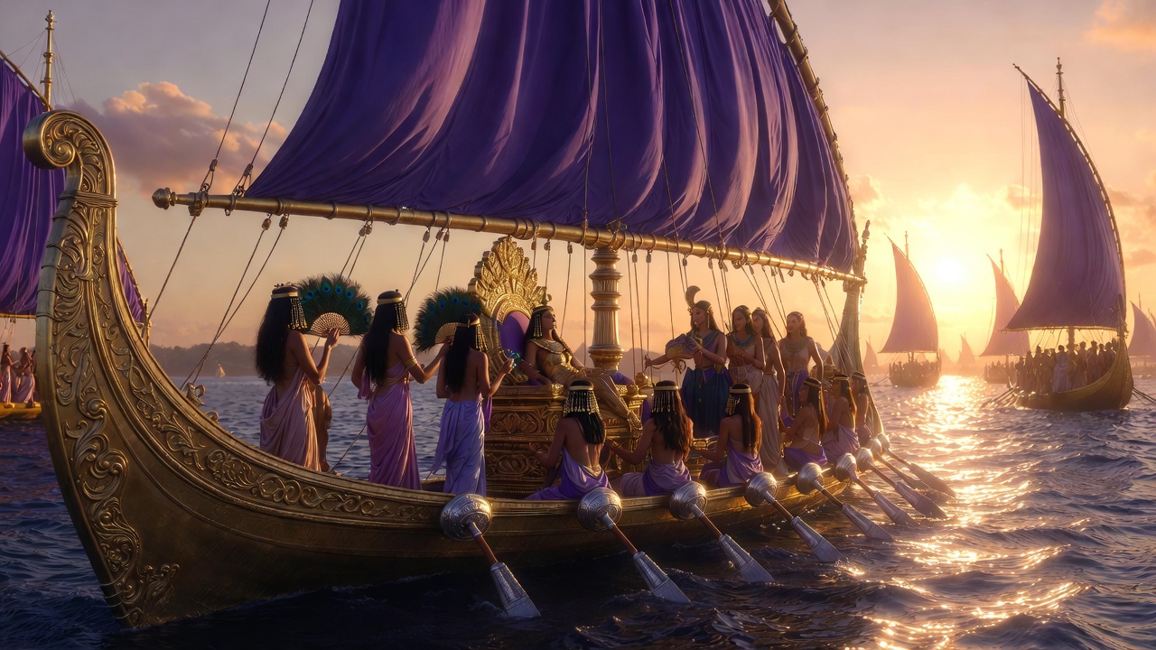 Cleopatra on her golden barge on the Cydnus River – iconic Shakespeare description from Antony and Cleopatra