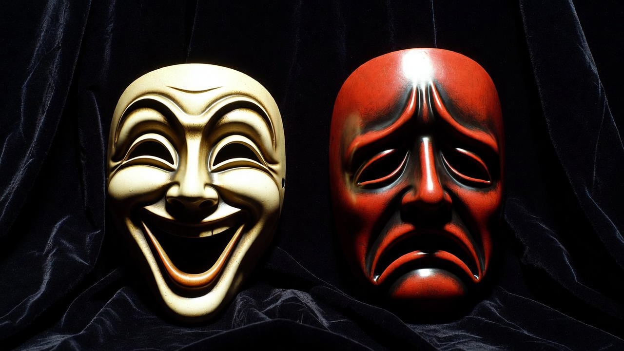 Comedy and tragedy theater masks contrasting joy and sorrow as dramatic opposites