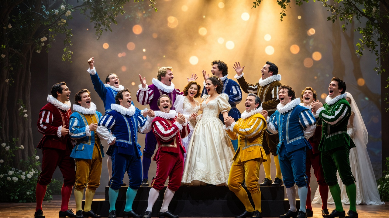 Shakespeare comedy performance with actors in joyful celebration from A Midsummer Night's Dream or Twelfth Night