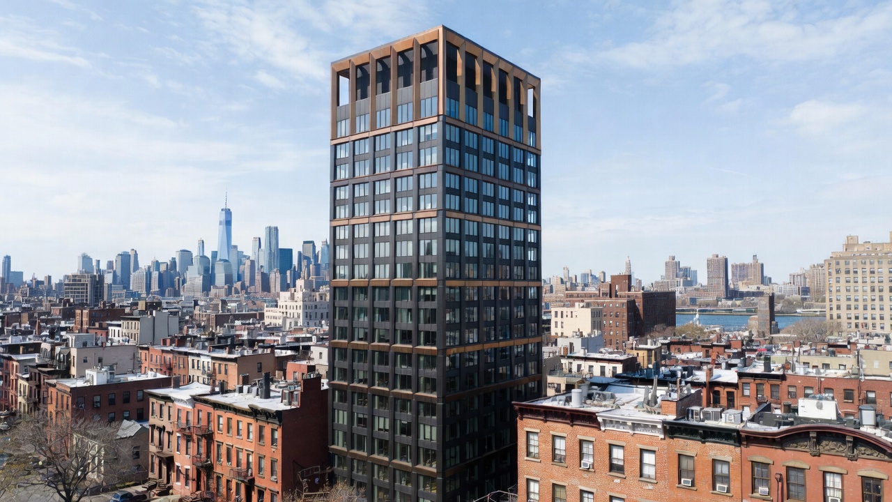200 Montague Street luxury rental building exterior in Brooklyn Heights with historic neighborhood and Manhattan skyline
