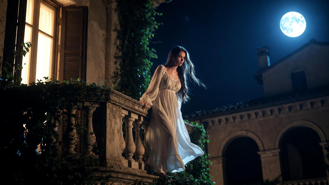 Juliet on balcony gazing into the night, Romeo and Juliet Act 2 Scene 2 iconic monologue scene