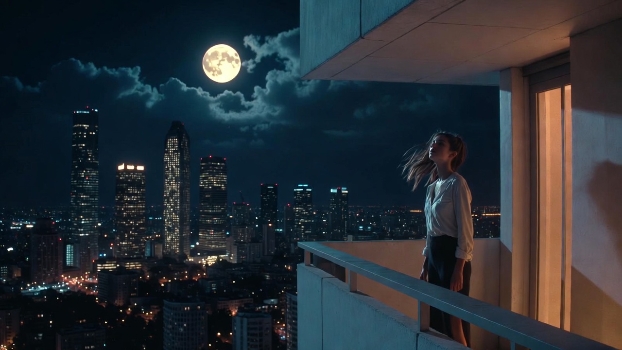 Modern interpretation of Juliet balcony scene in contemporary city setting, Romeo and Juliet legacy