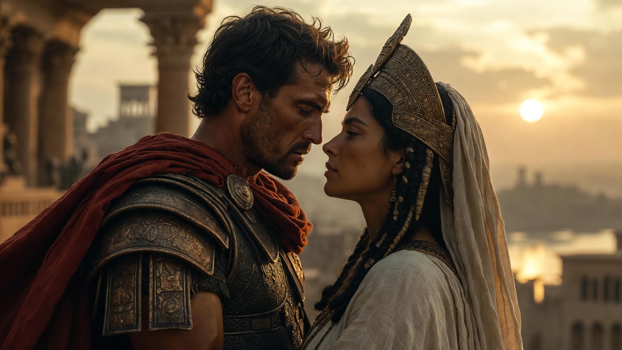 Mark Antony and Cleopatra in a passionate embrace symbolizing infinite variety and consuming love in Shakespeare's tragedy