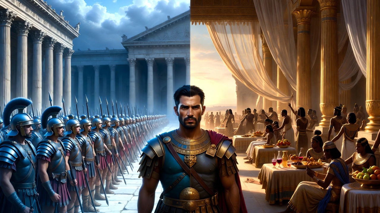 Symbolic clash of Rome and Egypt worlds pulling Mark Antony between duty and love in Antony and Cleopatra