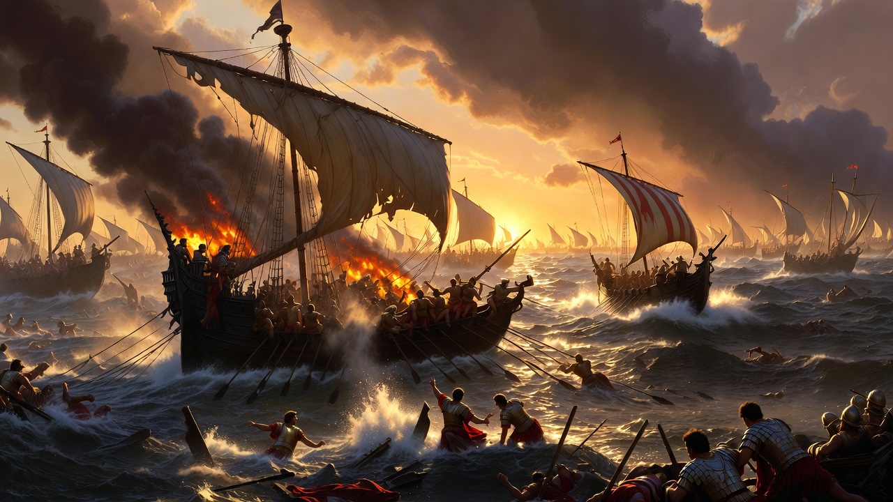 Mark Antony follows Cleopatra’s fleeing ship at the Battle of Actium, moment love destroys empire in Shakespeare