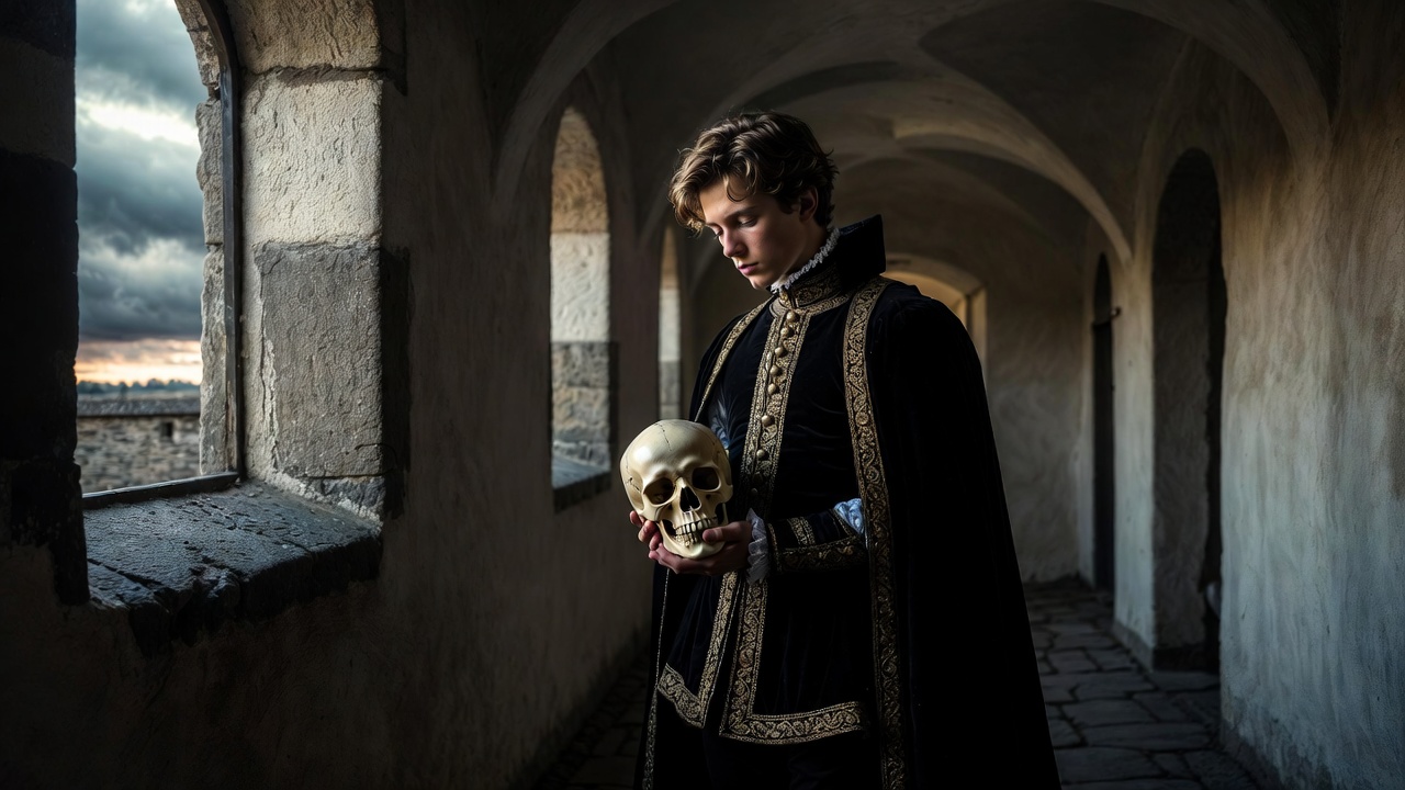 Hamlet as Shakespeare's tragic prince, contemplative portrait holding Yorick's skull in moody castle setting