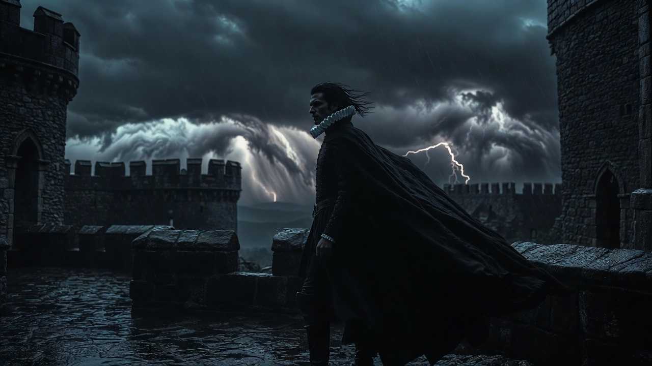 Hamlet in deep reflection on castle ramparts during storm, evoking To be or not to be soliloquy