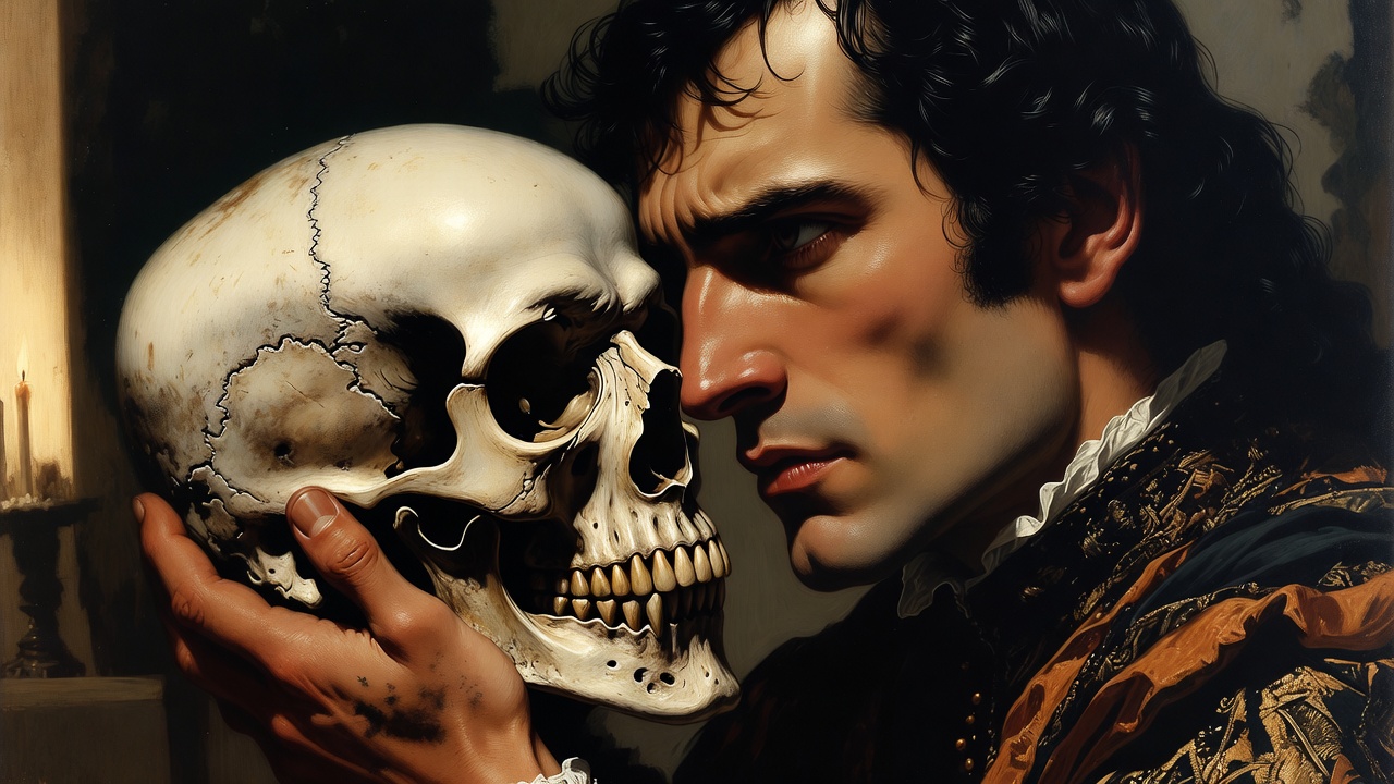 Hamlet contemplating Yorick's skull in iconic graveyard scene, Shakespeare tragedy close-up
