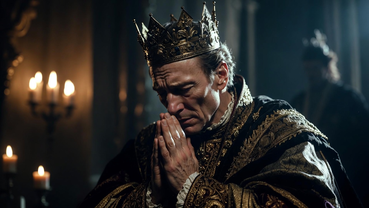 Claudius in anguished prayer showing guilt and failed repentance in Hamlet Act 3 Scene 3