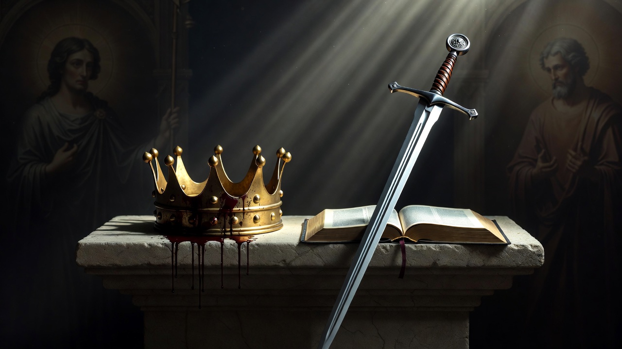 Symbolic crown, blood, sword and prayer elements representing guilt and revenge in Hamlet Act 3 Scene 3