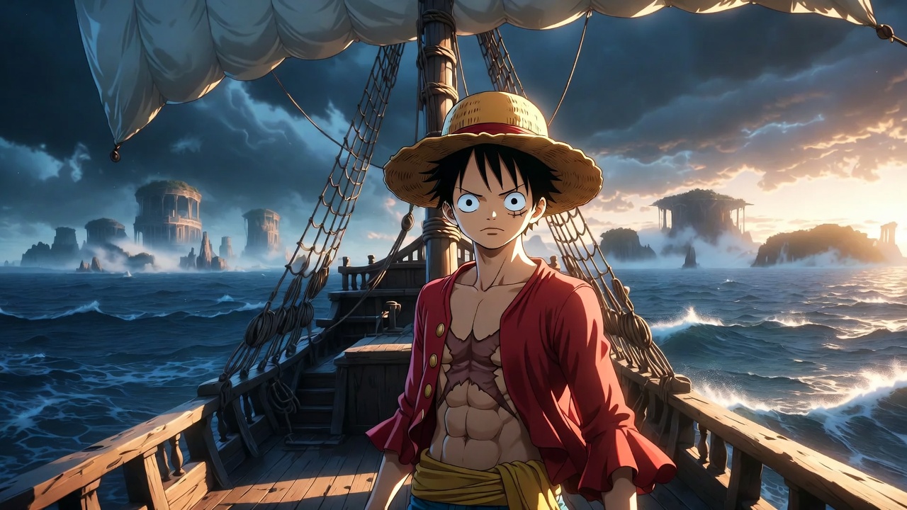 Luffy on the Going Merry sailing the Grand Line – One Piece epic world-building visualization
