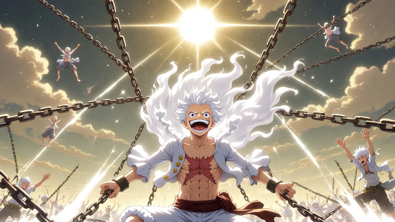 Luffy Gear 5 liberation scene – freedom and rebellion themes in One Piece parallels to Shakespeare