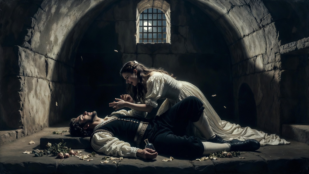 Romeo and Juliet lying together in the Capulet tomb moments after his suicide, dramatic moonlight scene illustrating tragic miscommunication