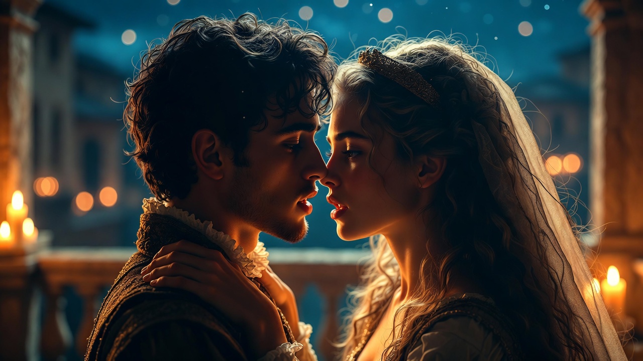 Young passionate embrace of Romeo and Juliet symbolizing impulsive teenage love and overwhelming emotion in Shakespeare's tragedy