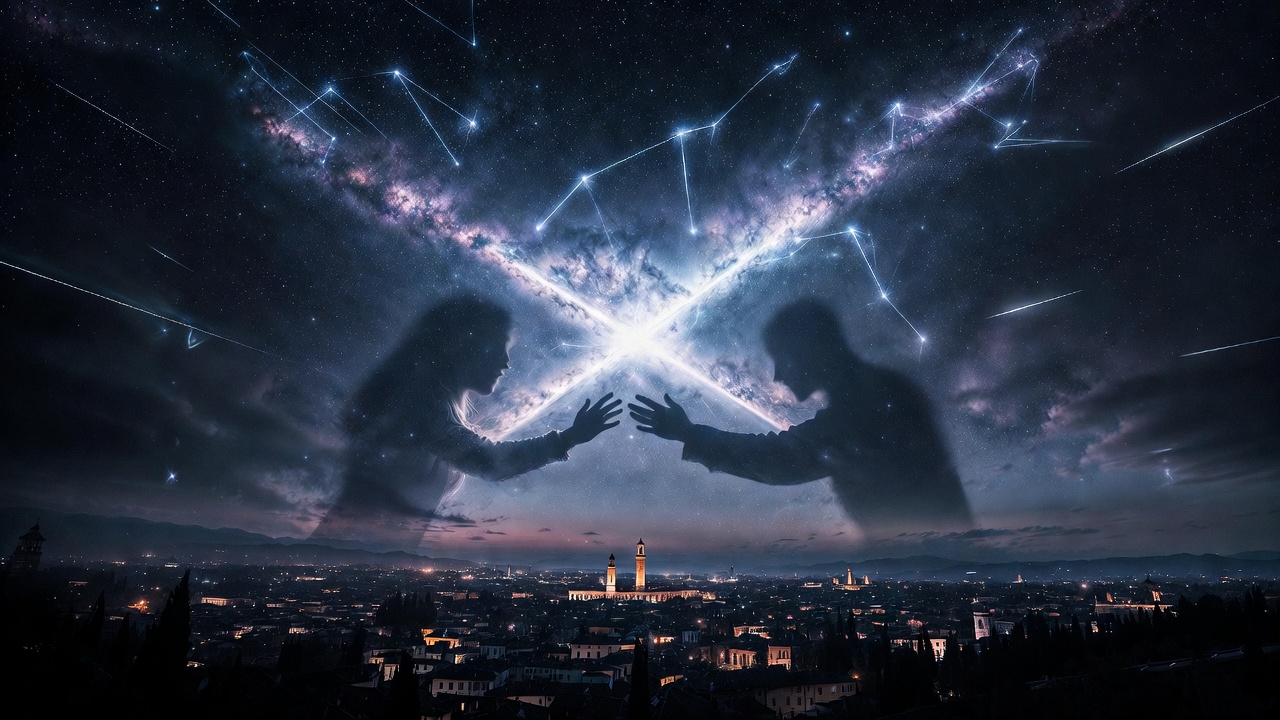 Star-crossed lovers beneath a fateful night sky with crossed constellations, symbolizing destiny and free will in Romeo and Juliet