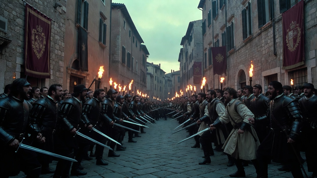 Montague and Capulet families in confrontation, representing the ancient grudge and societal pressures that doom Romeo and Juliet