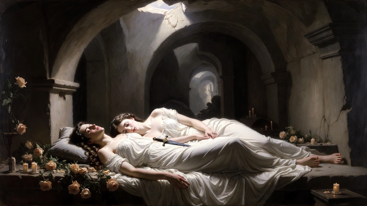 Romeo and Juliet united in death inside the tomb, symbolic image of love, suicide, and reconciliation in Shakespeare's masterpiece