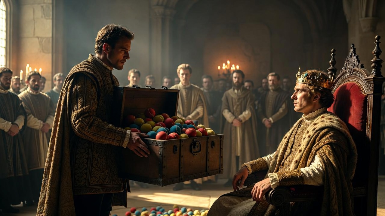 Medieval French ambassador presenting chest of tennis balls to King Henry V in Shakespeare's historical court scene