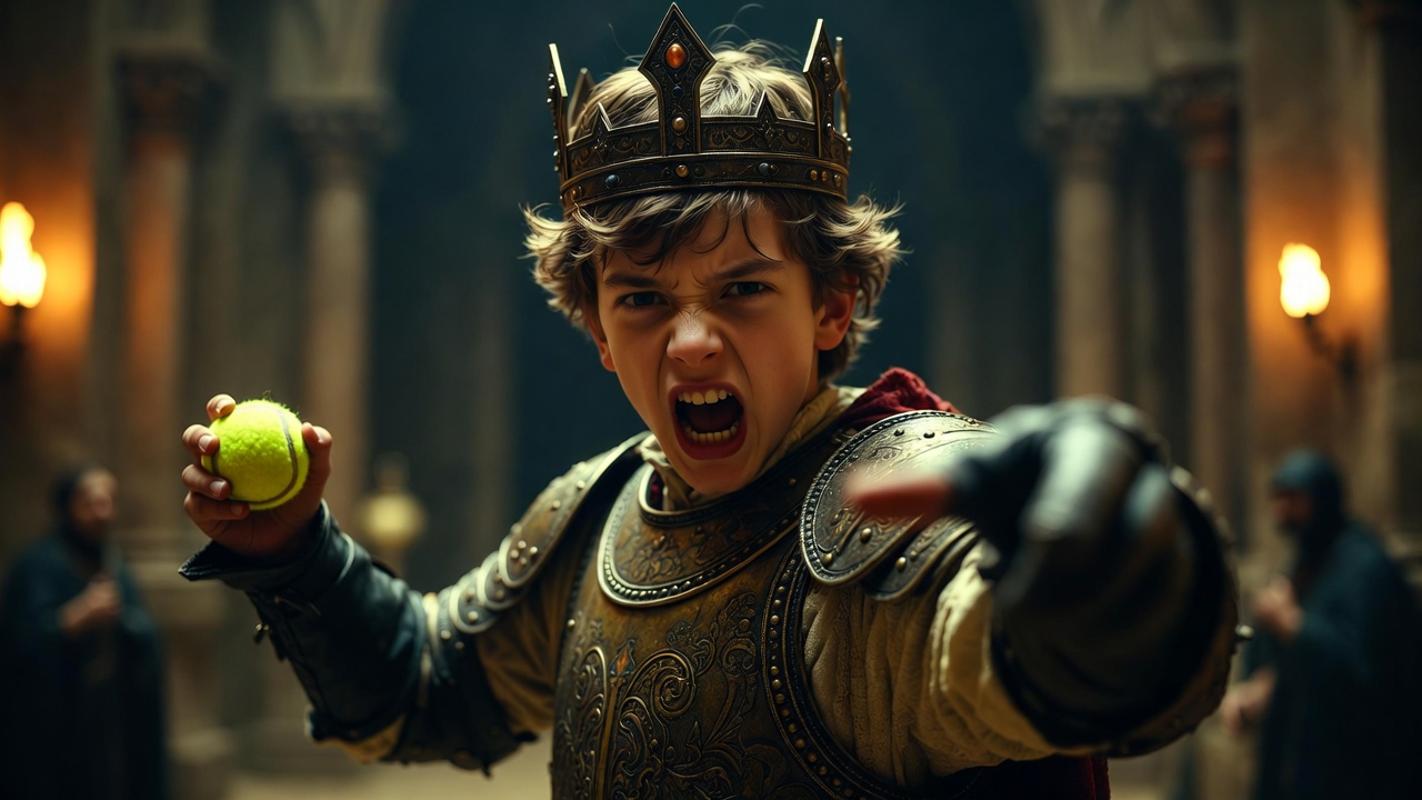 King Henry V in rage holding tennis ball and declaring war in Act 1 Scene 2 of Shakespeare's Henry V