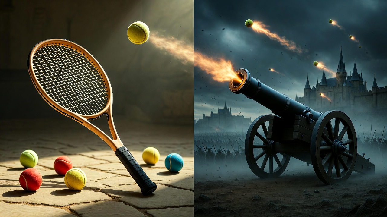 Symbolic transformation of tennis balls into gun-stones representing war metaphor in Henry V Shakespeare