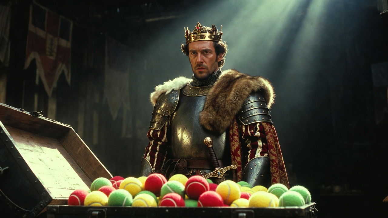 Modern film adaptation scene of Henry V reacting to the Dauphin's tennis balls insult Shakespeare