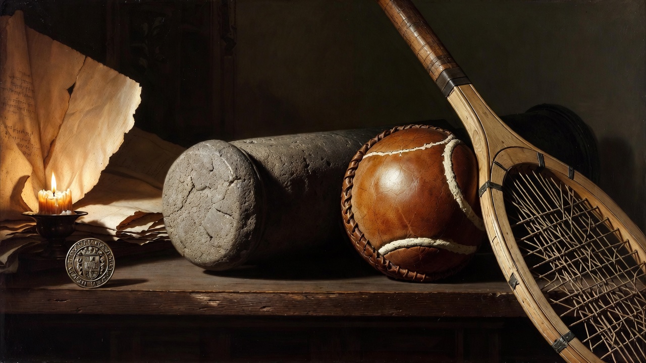 Historical jeu de paume tennis ball and gun-stone cannonball comparison from Shakespeare's Henry V era