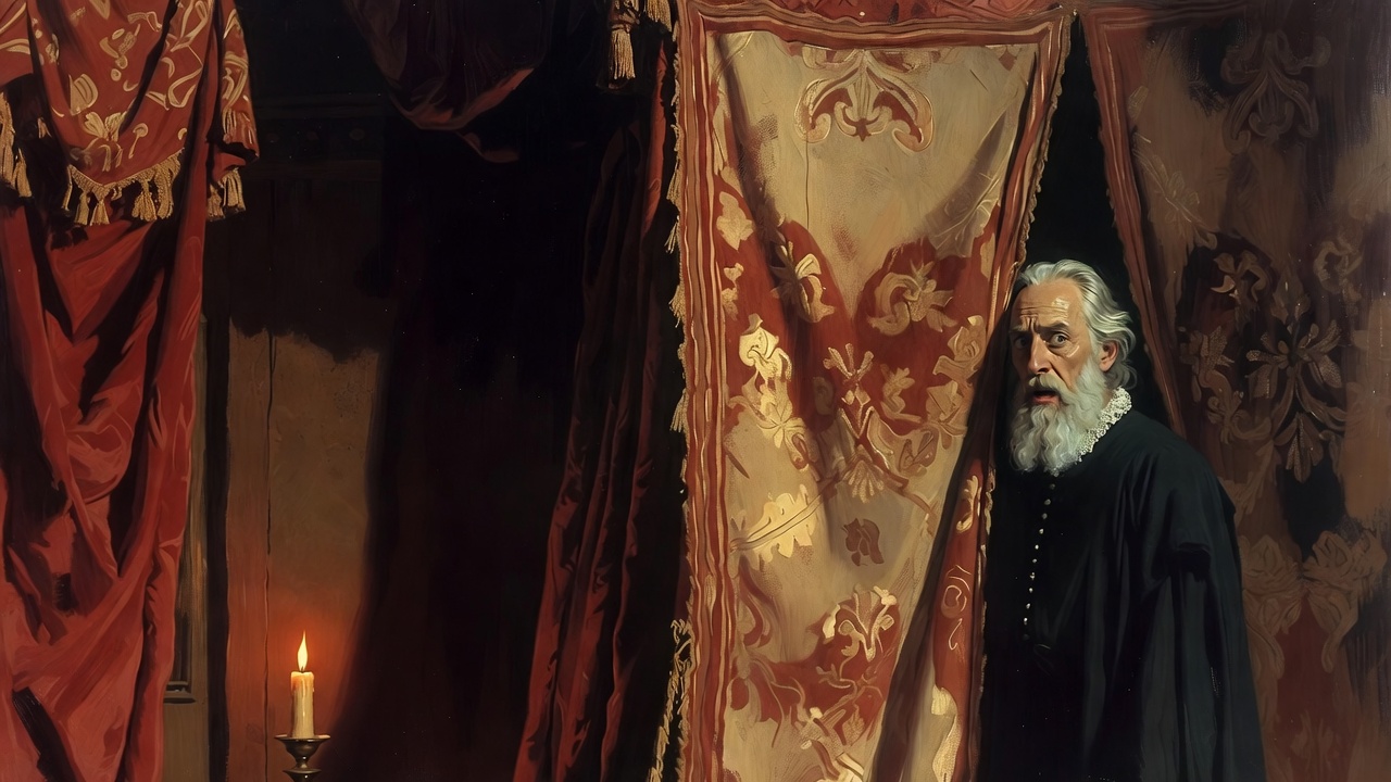 Polonius spying behind the arras in Hamlet, visual parallel to government surveillance and jailhouse informants in United States v. Henry